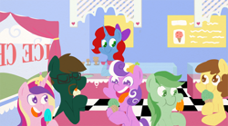 Size: 1000x555 | Tagged: safe, artist:coggler, imported from derpibooru, princess cadance, screwball, oc, oc:creamsicle delight, oc:esplin, pony, food, ice cream, ice cream shop, smiling