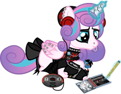 Size: 1107x856 | Tagged: safe, artist:lightningbolt, derpibooru exclusive, imported from derpibooru, princess flurry heart, alicorn, pony, .svg available, blank flank, bow, bring me the horizon, cd, cd case, cd player, choker, clandestine industries, clothes, cobra starship, crossed hooves, drawing, drop dead clothing, ear piercing, earring, emo, eyeliner, eyeshadow, fall out boy, female, figure, fingerless gloves, folded wings, frank iero, gerard way, gloves, glowing horn, headphones, horn, horn piercing, in love, infatuation, it's a phase, jewelry, lip piercing, looking down, makeup, mare, matt pelissier, metal, metalhead, mikey way, my chemical romance, necklace, nose piercing, older, older flurry heart, on the floor, painted horn, panic! at the disco, pencil, piercing, pointy ponies, portable cd player, princess emo heart, prone, ray toro, rock (music), rocker, shirt, show accurate, simple background, smiling, socks, solo, spiked choker, spiked wristband, sticker, story included, striped socks, svg, t-shirt, tail bow, teenage flurry heart, teenager, the used, three cheers for sweet revenge, toy, transparent background, vector, wall of tags, wing piercing, wings, wristband