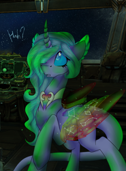 Size: 2216x3000 | Tagged: safe, artist:darsiaradianthorner, imported from derpibooru, oc, oc only, oc:darsia horner, alicorn, pony, alicorn oc, bridge, colored wings, crossover, female, green light, hyperion, multicolored wings, rainbow wings, solo, starcraft 2