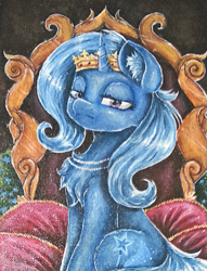 Size: 413x540 | Tagged: safe, artist:krelataiapani, imported from derpibooru, trixie, pony, unicorn, bored, chest fluff, crown, ear fluff, female, jewelry, lidded eyes, looking at you, mare, necklace, regalia, sitting, solo, throne, traditional art