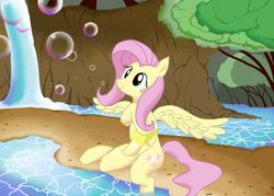 Size: 2618x1879 | Tagged: safe, artist:neoshrek, imported from derpibooru, fluttershy, pegasus, pony, bathing, bubble, female, outdoors, sitting, solo, sponge, spread wings, tree, water, waterfall, wings