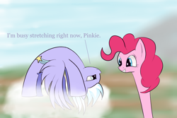 Size: 2000x1333 | Tagged: safe, artist:huffy26, imported from derpibooru, cloudchaser, pinkie pie, earth pony, pegasus, pony, atg 2017, backbend, cloud, dialogue, female, flexible, frown, get, glare, grin, index get, interrupted, long neck, mare, newbie artist training grounds, pinkie being pinkie, pinkie physics, smiling, spread wings, squee, stretching, unamused, upside down, wings, x00000 milestone