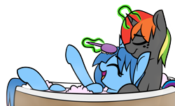 Size: 1395x846 | Tagged: safe, artist:shinodage, edit, imported from derpibooru, oc, oc only, oc:krylone, oc:meno, pony, bath, bathtub, brush, bubble bath, cute, magic, rainbow hair, simple background, smiling, transparent background