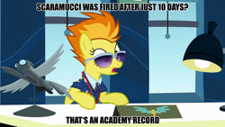 Size: 1920x1080 | Tagged: safe, edit, edited screencap, imported from derpibooru, screencap, spitfire, pony, wonderbolts academy, academy record, clothes, desk, desk lamp, exploitable meme, female, image macro, meme, necktie, politics, solo, spitfire's office, uniform, wonderbolts dress uniform