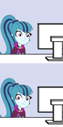 Size: 1000x2016 | Tagged: safe, imported from derpibooru, sonata dusk, equestria girls, :|, comic, computer, computer reaction faces, desk, disturbed, female, i've seen some shit, looking at you, reaction image, solo, stare, starenata, thousand yard stare, wide eyes