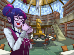 Size: 1000x744 | Tagged: safe, artist:ddd1983, imported from derpibooru, sci-twi, twilight sparkle, equestria girls, book, clothes, excited, female, glasses, library, smiling, solo