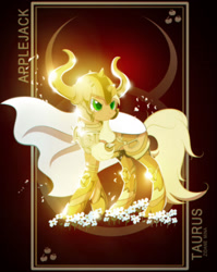 Size: 1753x2200 | Tagged: safe, artist:zidanemina, imported from derpibooru, applejack, earth pony, pony, armor, crossover, female, gold cloth, gold saint, helmet, mare, saint seiya, serious, serious face, solo, taurus, zodiac
