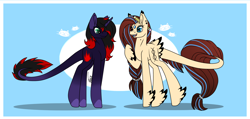 Size: 1800x856 | Tagged: safe, artist:inspiredpixels, imported from derpibooru, oc, oc only, oc:fiery blood, oc:pixel, original species, pony, unicorn, female, mare, tail feathers, winged hooves