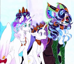 Size: 736x630 | Tagged: safe, artist:frozensoulpony, imported from derpibooru, princess flurry heart, oc, oc:allegory, oc:prince azimuth, alicorn, draconequus, hybrid, unicorn, dia de los muertos, interspecies offspring, offspring, older, parent:comet tail, parent:discord, parent:princess luna, parent:twilight sparkle, parents:cometlight, parents:lunacord, traditional art