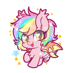 Size: 2435x2436 | Tagged: safe, artist:snow angel, imported from derpibooru, oc, oc only, oc:paper stars, bat pony, amputee, chibi, cute, cute little fangs, ear fluff, fangs, heart eyes, looking at you, simple background, solo, transparent background, wingding eyes