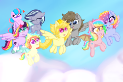 Size: 3000x2000 | Tagged: safe, artist:luciusheart, imported from derpibooru, oc, oc only, oc:digital dusk, oc:glittering cloud, oc:lucy softheart, oc:nova starburst, oc:paper stars, oc:prince lionel, oc:rain, alicorn, bat pony, earth pony, pegasus, pony, unicorn, amputee, bandage, cute, female, filly, flight, flying, missing limb, stump, weapons-grade cute