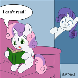 Size: 1000x1000 | Tagged: safe, artist:empyu, edit, imported from derpibooru, rarity, sweetie belle, pony, unicorn, book, cutie mark, dialogue, duo, exploitable meme, illiteracy, meme, reading, speech bubble, sweetie belle's book, the cmc's cutie marks