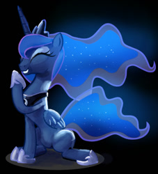 Size: 852x937 | Tagged: artist needed, safe, colorist:xbi, edit, editor:xbi, imported from derpibooru, princess luna, alicorn, pony, belly, concave belly, crown, cute, ethereal hair, ethereal mane, ethereal tail, eyes closed, female, folded wings, grin, hoof shoes, jewelry, laughing, lunabetes, peytral, princess shoes, raised hoof, regalia, sitting, slim, smiling, solo, starry mane, starry tail, tail, thin, wings