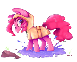 Size: 1280x1024 | Tagged: safe, artist:dino_horse, imported from derpibooru, pinkie pie, chibi, cute, diapinkes, female, puddle, raincoat, smol, solo, water