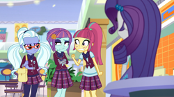 Size: 1912x1072 | Tagged: safe, imported from derpibooru, screencap, rarity, sour sweet, sugarcoat, sunny flare, dance magic, equestria girls, spoiler:eqg specials, angry, annoyed, bag, bowtie, cash register, chair, clothes, crystal prep academy uniform, faic, freckles, glasses, hairpin, leggings, light, mall, pigtails, plant, ponytail, school uniform, scrunchie, skirt, sunny flare's wrist devices, table, twintails