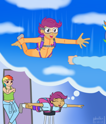 Size: 1180x1382 | Tagged: safe, artist:phallen1, imported from derpibooru, rainbow dash, scootaloo, human, air ponyville, atg 2017, barstool, belly button, clothes, crossed arms, crossed legs, daydream, falling, female, goggles, humanized, jumpsuit, leaning, newbie artist training grounds, open mouth, parachute, reaching, scootalove, sky, skydiving, stretching, tanktop