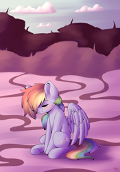 Size: 2100x3000 | Tagged: safe, artist:spirit-dude, imported from derpibooru, rainbow dash, pegasus, pony, crying, eyes closed, female, mare, multicolored hair, sad, sitting, solo