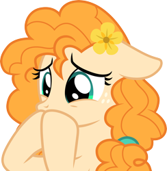 Size: 3001x3075 | Tagged: safe, artist:cloudy glow, artist:cloudyglow, imported from derpibooru, pear butter, pony, the perfect pear, .ai available, female, floppy ears, flower, flower in hair, freckles, simple background, solo, transparent background, upset, vector