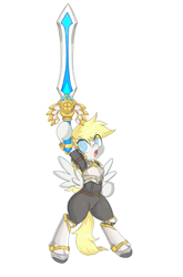 Size: 1440x2176 | Tagged: safe, artist:jus+ice, imported from derpibooru, oc, oc only, oc:guardian dreamer, pegasus, pony, armor, armpits, bipedal, hoof hold, male, maplestory2, simple background, solo, spread wings, sword, weapon, wings