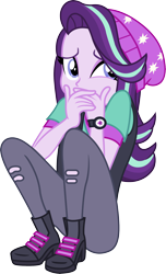 Size: 1554x2550 | Tagged: safe, artist:davidsfire, imported from derpibooru, starlight glimmer, equestria girls, mirror magic, spoiler:eqg specials, beanie, clothes, covering mouth, female, hat, hiding, high heels, pants, scared, scaredy glimmer, shirt, shoes, simple background, sitting, solo, transparent background, vector, vest, watch