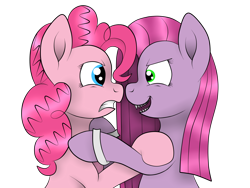 Size: 4000x3000 | Tagged: safe, artist:squipycheetah, imported from derpibooru, pinkie pie, earth pony, pony, dr jekyll and mr hyde, dr pinkie and miss pie, duo, duo female, eye contact, fangs, female, gritted teeth, inner demons, jekyll & hyde, looking at each other, open mouth, pinkamena diane pie, self paradox, self ponidox, simple background, smiling, smirk, transparent background, vector