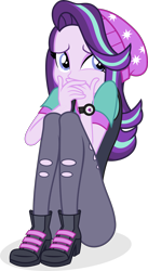 Size: 2095x3812 | Tagged: safe, artist:punzil504, imported from derpibooru, starlight glimmer, equestria girls, mirror magic, spoiler:eqg specials, adorasexy, beanie, clothes, covering mouth, cute, female, hat, hiding, high heels, looking back, pants, scared, scaredy glimmer, sexy, shirt, shoes, simple background, sitting, solo, transparent background, vector, vest, watch, wristwatch