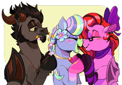 Size: 1000x700 | Tagged: safe, artist:lvlushrooms, artist:punkass, imported from derpibooru, oc, oc only, oc:lilith, oc:pastel gore, oc:sven, alicorn, bat pony, bat pony alicorn, demon, demon pony, earth pony, pony, boop, braid, braiding, choker, clothes, cloven hooves, cute, ear piercing, earring, eyeshadow, female, flower, flower in hair, friendship, grin, happy, holding hooves, hoof fluff, hoof hold, horns, jewelry, lesbian, lgbt, lidded eyes, makeup, male, mare, mouth hold, nose wrinkle, noseboop, ocbetes, open mouth, piercing, simple background, smiling, socks, striped socks, sven, torn ear, transparent background