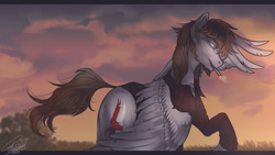 Size: 1366x768 | Tagged: safe, artist:orfartina, imported from derpibooru, oc, oc only, pegasus, pony, beard, cigarette, clothes, facial hair, male, shirt, solo, stallion