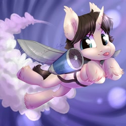 Size: 2000x2000 | Tagged: safe, artist:hollybright, imported from derpibooru, oc, oc only, oc:omkol, pony, unicorn, :p, aircraft, jetpack, rocket, sky, smoke, solo, tongue out, unshorn fetlocks