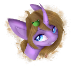 Size: 2173x1997 | Tagged: safe, artist:beshely, imported from derpibooru, oc, oc only, oc:dungeon toaster, frog, pony, unicorn, bust, curved horn, portrait, simple background, solo, transparent background