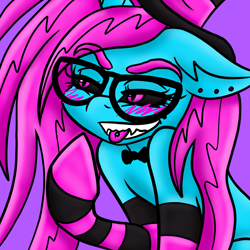 Size: 1000x1000 | Tagged: safe, artist:katkathasahathat, imported from derpibooru, oc, oc only, oc:ryn, demon, pony, unicorn, bowtie, clothes, ear piercing, glasses, hat, piercing, socks, solo, striped socks, tongue out, tongue piercing, top hat