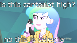 Size: 1920x1080 | Tagged: safe, edit, edited screencap, imported from derpibooru, screencap, princess celestia, eqg summertime shorts, equestria girls, subs rock, big pink loser, image macro, meme, phone, principal celestia, spongebob squarepants