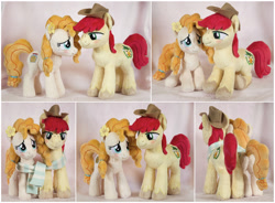 Size: 2076x1524 | Tagged: safe, artist:buttercupbabyppg, imported from derpibooru, bright mac, pear butter, earth pony, pony, beanie (plushie), brightbutter, clothes, cowboy hat, duo, female, flower, flower in hair, hat, irl, male, photo, plushie, scarf, shared clothing, shared scarf, shipping, stetson, straight