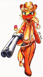 Size: 877x1563 | Tagged: safe, artist:mr.candy_owo, imported from derpibooru, applejack, earth pony, pony, cowboy, cowboy hat, female, gun, hat, mare, shotgun, simple background, solo, traditional art, weapon, white background