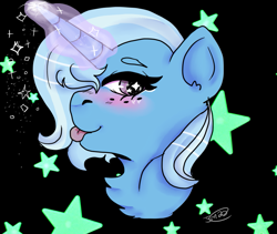 Size: 909x768 | Tagged: safe, artist:jadedmelody613, imported from derpibooru, trixie, pony, unicorn, black background, bust, chest fluff, cute, diatrixes, female, glowing horn, looking at you, magic, mare, portrait, raspberry, silly, silly pony, simple background, solo, starry eyes, stars, tongue out, wingding eyes