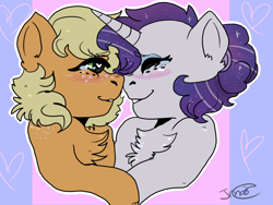 Size: 1024x768 | Tagged: safe, artist:jadedmelody613, imported from derpibooru, applejack, rarity, earth pony, pony, unicorn, blushing, chest fluff, crying, female, happy, heart eyes, lesbian, looking at each other, mare, rarijack, shipping, tears of joy, teary eyes, wingding eyes