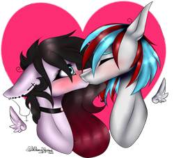 Size: 1097x991 | Tagged: safe, artist:ohflaming-rainbow, imported from derpibooru, oc, oc only, oc:weepy, oc:yukki, pegasus, pony, blushing, female, floating wings, heart, kissing, male, straight