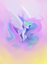 Size: 2000x2667 | Tagged: safe, artist:lilfunkman, imported from derpibooru, princess celestia, alicorn, pony, eyes closed, female, flying, lineless, solo