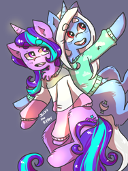 Size: 768x1024 | Tagged: safe, artist:jackytheripperart, imported from derpibooru, starlight glimmer, trixie, pony, unicorn, chest fluff, clothes, duo, eyebrows, sweater