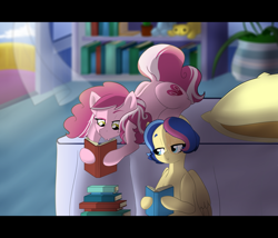 Size: 4960x4251 | Tagged: safe, artist:marukouhai, imported from derpibooru, oc, oc only, oc:dizzy head, oc:honeydew feather, earth pony, pegasus, pony, absurd resolution, book, female, mare, offspring, parent:flash sentry, parent:pinkie pie, parent:pokey pierce, parent:twilight sparkle, parents:flashlight, parents:pokeypie, reading