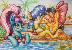 Size: 1024x708 | Tagged: safe, artist:aschenstern, imported from derpibooru, coloratura, sapphire shores, songbird serenade, pegasus, pony, my little pony: the movie, bow, clothes, countess coloratura, famous, female, grin, hair bow, looking at you, mare, pop star, smiling, swimsuit, traditional art, trio, water