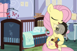 Size: 1099x727 | Tagged: artist needed, safe, imported from derpibooru, discord, fluttershy, baby, baby discord, baby draconequus, comforting, fluttermom, mama fluttershy, sad