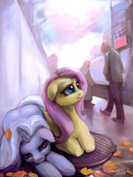 Size: 1485x1980 | Tagged: safe, artist:hardbrony, imported from derpibooru, fluttershy, trixie, human, pegasus, pony, unicorn, female, floppy ears, homeless, lidded eyes, looking up, mare, people, prone, sad, street