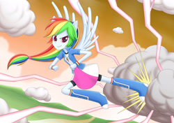 Size: 3237x2280 | Tagged: safe, artist:liu ting, imported from derpibooru, rainbow dash, equestria girls, boots, clothes, cloud, electric dash, female, flying, kicking, lightning, ponied up, shoes, skirt, sky, socks, solo, striped socks, wings