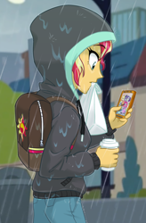 Size: 720x1100 | Tagged: safe, artist:ta-na, imported from derpibooru, applejack, fluttershy, pinkie pie, rainbow dash, rarity, sci-twi, sunset shimmer, twilight sparkle, eqg summertime shorts, equestria girls, monday blues, backpack, cellphone, clothes, coffee, female, hoodie, mouth hold, paper bag, phone, rain, scene interpretation, smartphone, solo