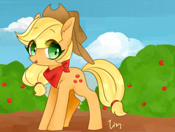 Size: 1600x1200 | Tagged: safe, artist:lity, imported from derpibooru, applejack, earth pony, pony, clothes, cowboy hat, female, hat, looking at you, mare, pixiv, scarf, solo, tree