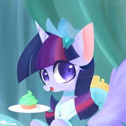 Size: 1500x1500 | Tagged: safe, artist:lity, imported from derpibooru, twilight sparkle, alicorn, pony, clothes, collar, cupcake, dessert, female, food, hair ornament, looking at you, solo, spoon, twilight sparkle (alicorn)