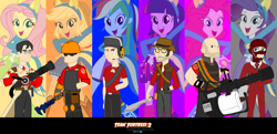 Size: 3513x1702 | Tagged: safe, artist:trungtranhaitrung, imported from derpibooru, applejack, fluttershy, pinkie pie, rainbow dash, rarity, twilight sparkle, equestria girls, equestria girls (movie), crossover, engineer, equestria girls-ified, heavy, helping twilight win the crown, humane five, humane six, medic, scout, sniper, spy, team fortress 2
