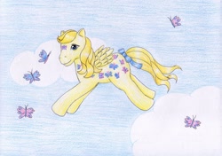 Size: 1024x719 | Tagged: safe, artist:normaleeinsane, imported from derpibooru, dancing butterflies, butterfly, g1, female, solo, traditional art