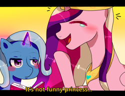 Size: 1712x1312 | Tagged: safe, artist:marian9, imported from derpibooru, princess cadance, trixie, alicorn, pony, unicorn, blushing, bool, crying, eyes closed, female, laughing, mare, open mouth, tears of laughter